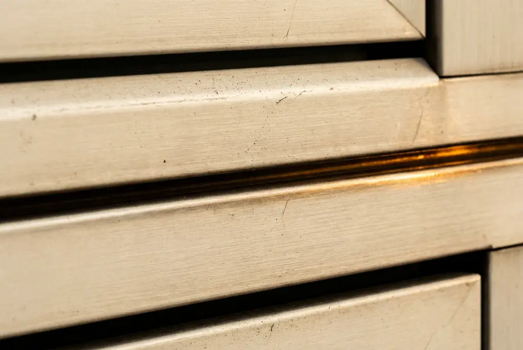 Off-track door repair — close view of a raised-panel steel door face showing the horizontal panel sections.