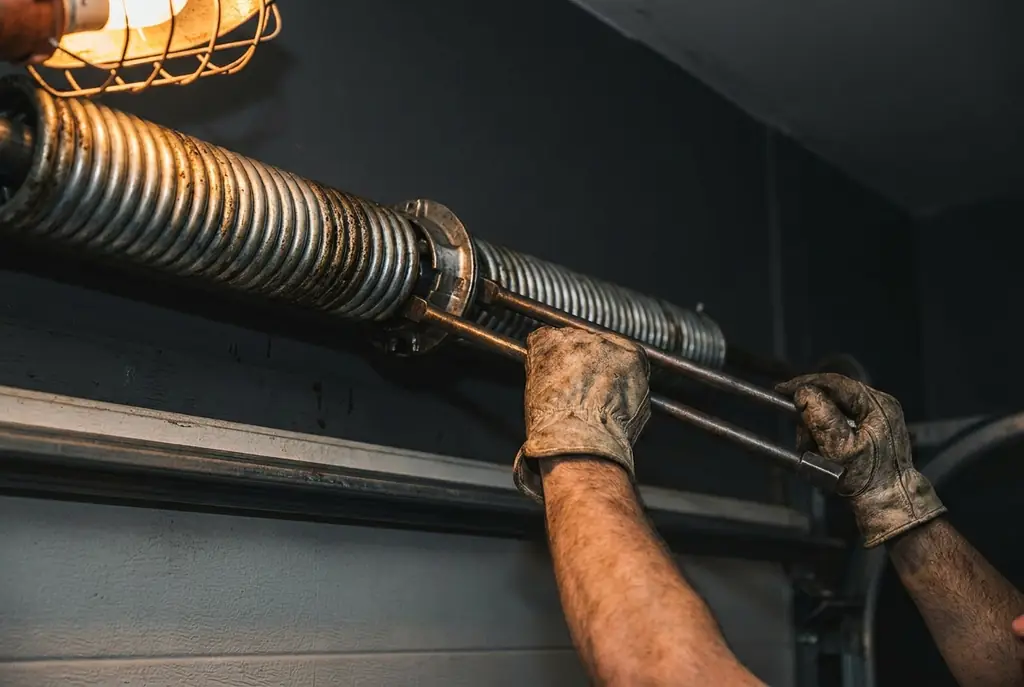 Torsion spring replacement — technician setting winding bars into the spring on the header shaft above a garage door.