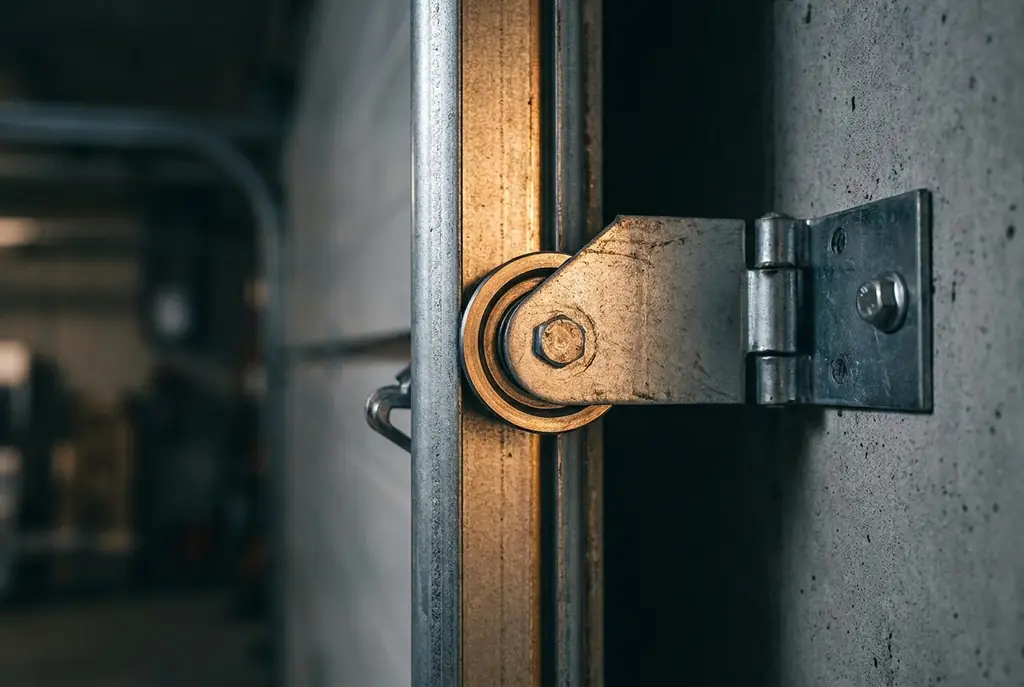 Garage door roller seated in its vertical steel track with the hinge and mounting bracket.