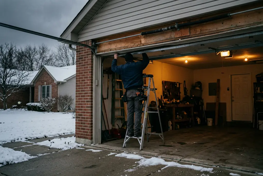 Garage door repair in Hoffman Estates — technician working at the header inside an open attached suburban garage.