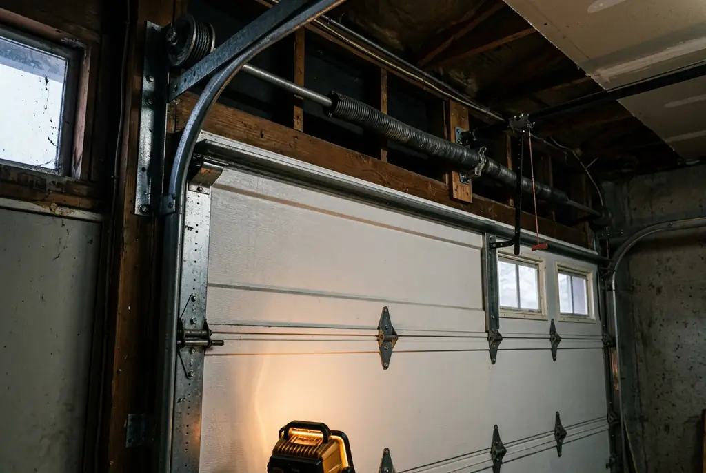 New garage door installation — interior view of a closed insulated sectional door showing the panel sections, steel track and torsion spring.